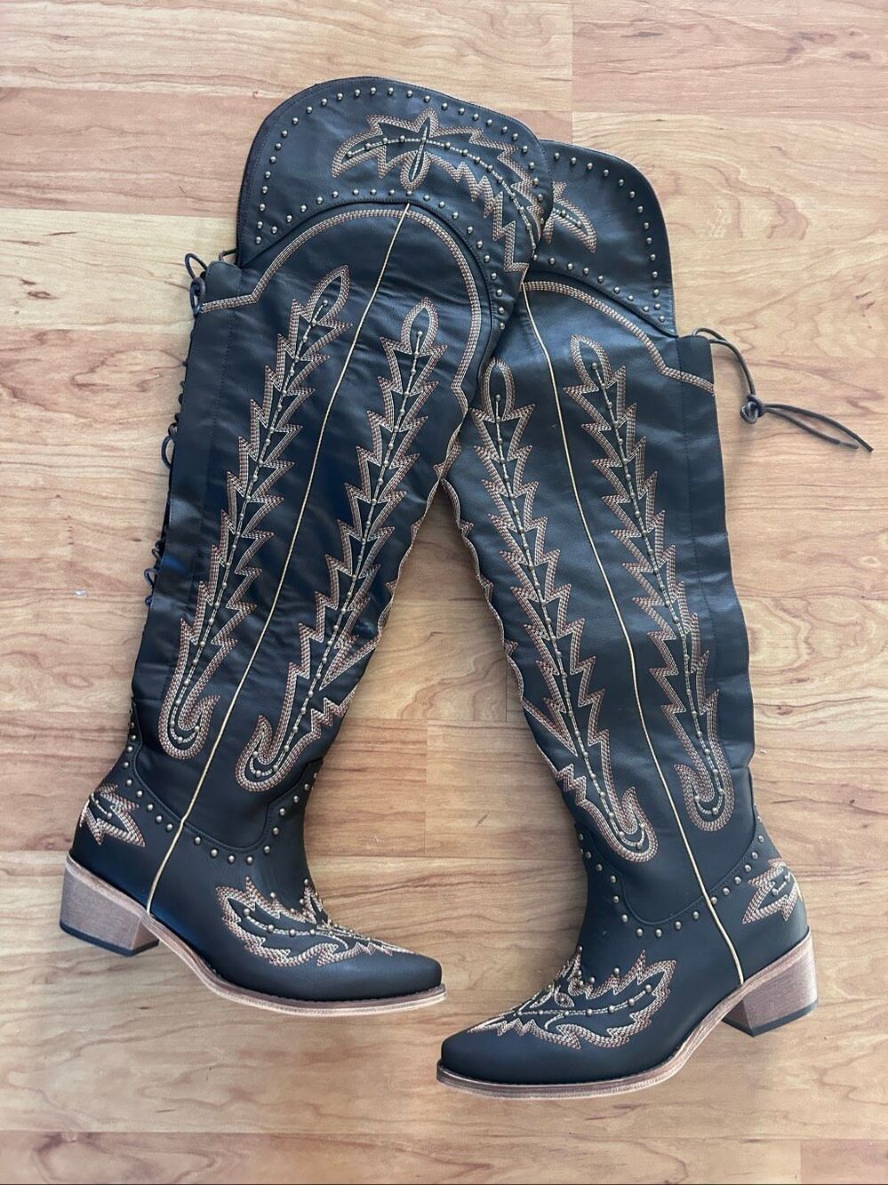 Women's Embroidery Cowgirl Western Pull On Over The Knee Boots Pointed Toe Shoes